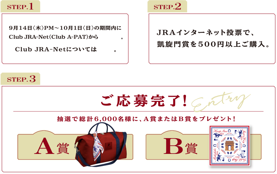STEP1 9月14日木曜日午後から10月1日日曜日の期間内にClub JRA-Netからエントリー。 Club JRA-Netについてはこちら。 | STEP2 JRAインターネット投票で、凱旋門賞を500円以上ご購入。 | STEP3 ご応募完了!