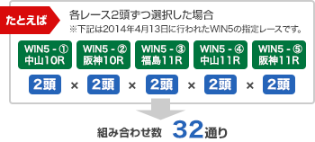 たとえば、（2014年4月13日に行われたWIN5の指定レースで）各レース2頭ずつ選択した場合、WIN5 1レース目 中山10レース 2頭　WIN5 2レース目 阪神10レース 2頭　WIN5 3レース目 福島11レース 2頭 WIN5 4レース目 中山11レース 2頭 WIN5 5レース目 阪神11レース 2頭 で、組み合わせ数は32通り