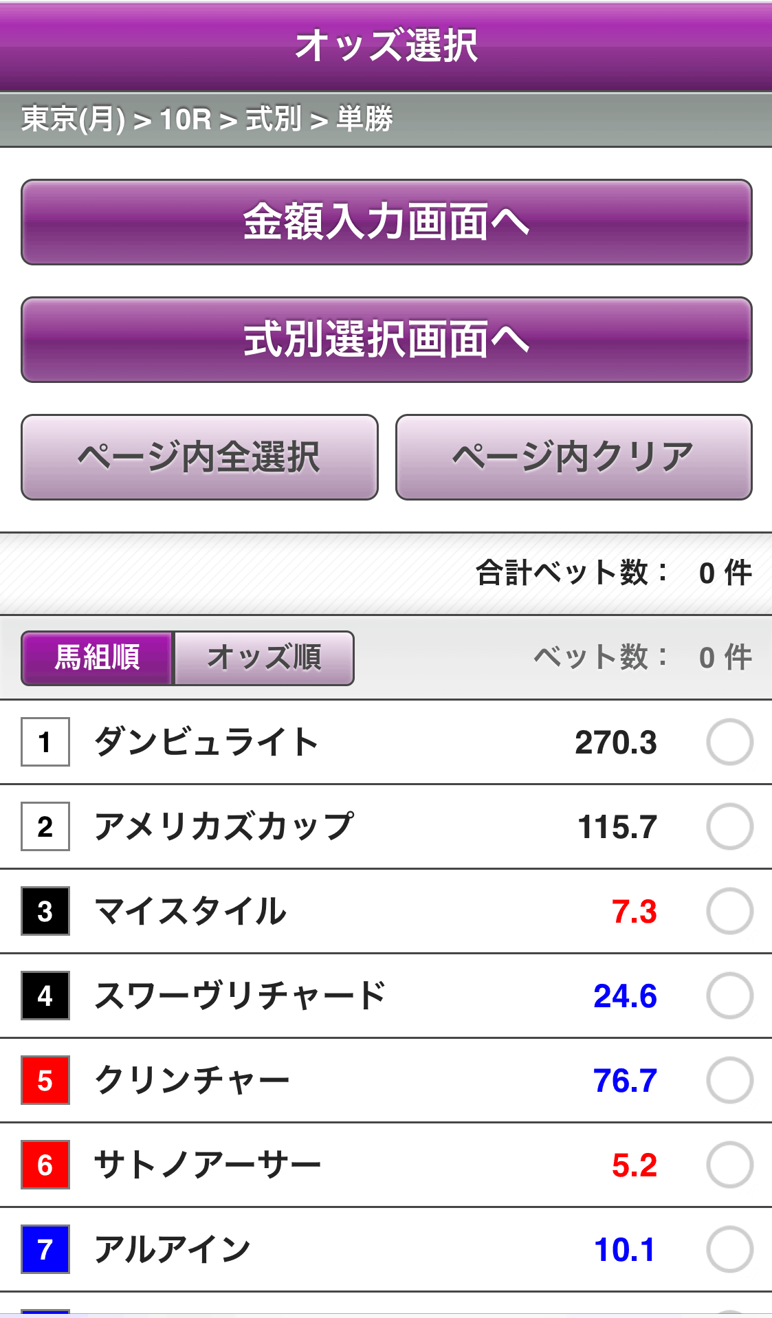 式別から選択で単勝を選択した場合のオッズ選択画面のサンプル