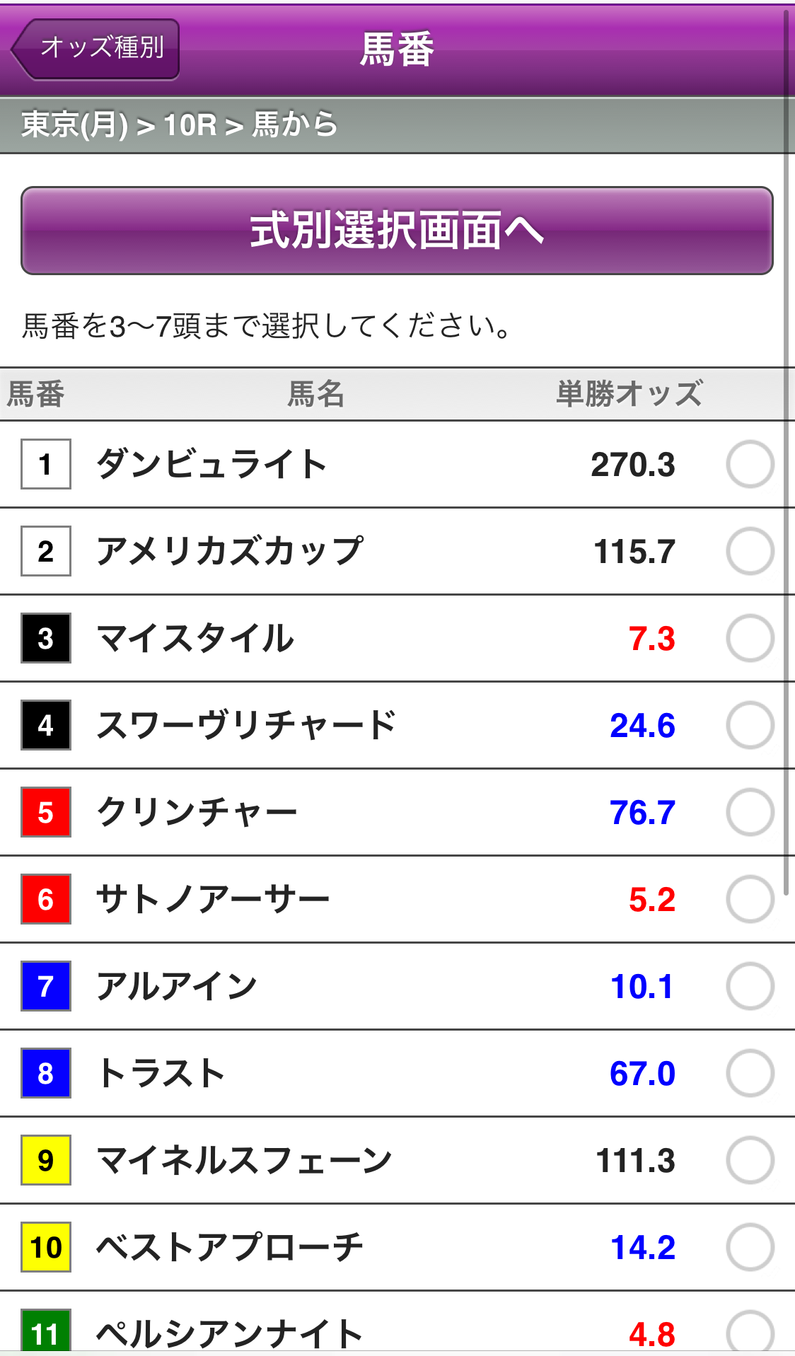 馬から選択で3連単を選択した場合の馬番選択画面のサンプル