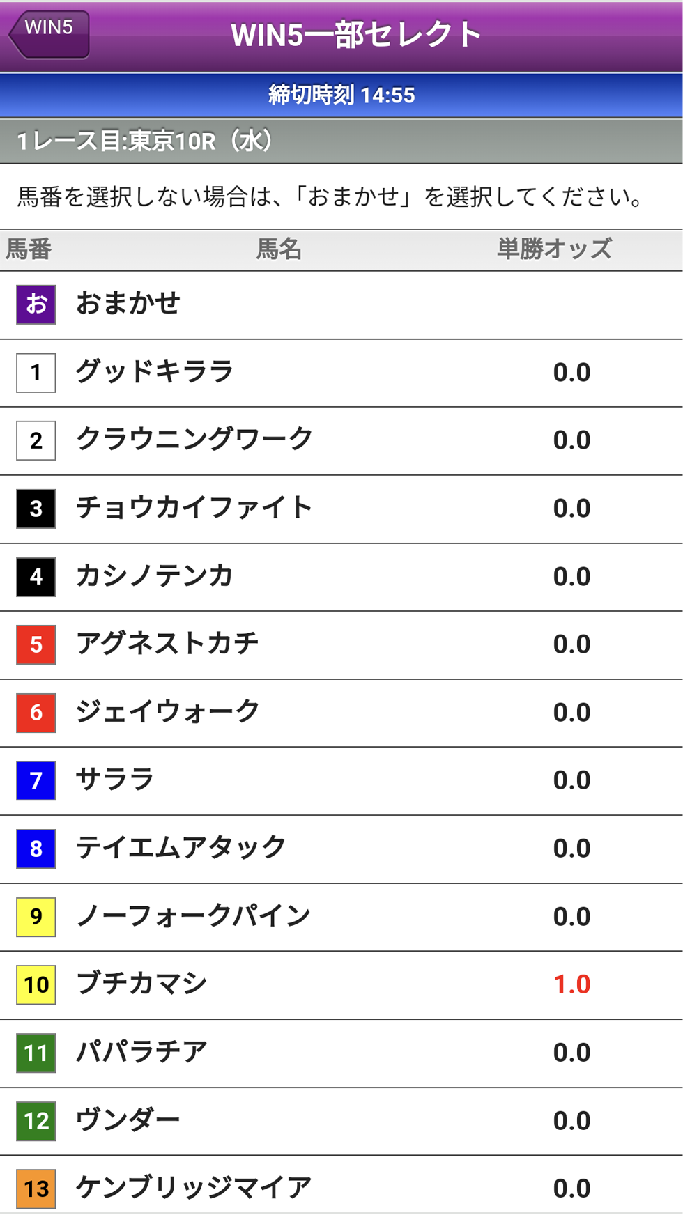 ウインファイブ一部セレクト馬番選択
