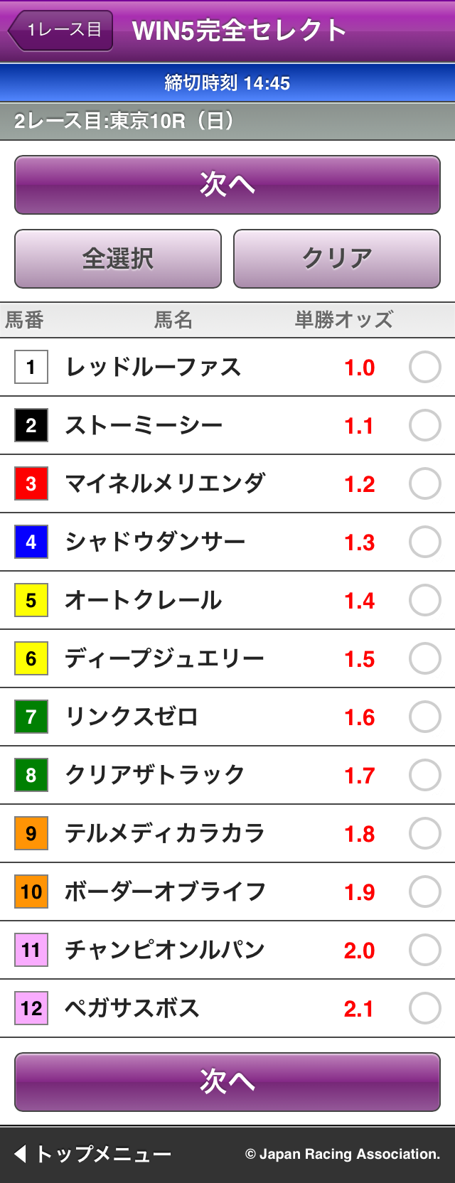 ウインファイブ完全セレクト馬番選択2