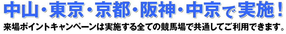 中山・東京・京都・阪神・中京で実施!来場ポイントキャンペーンは実施競馬場全てで共通してご利用できます。
