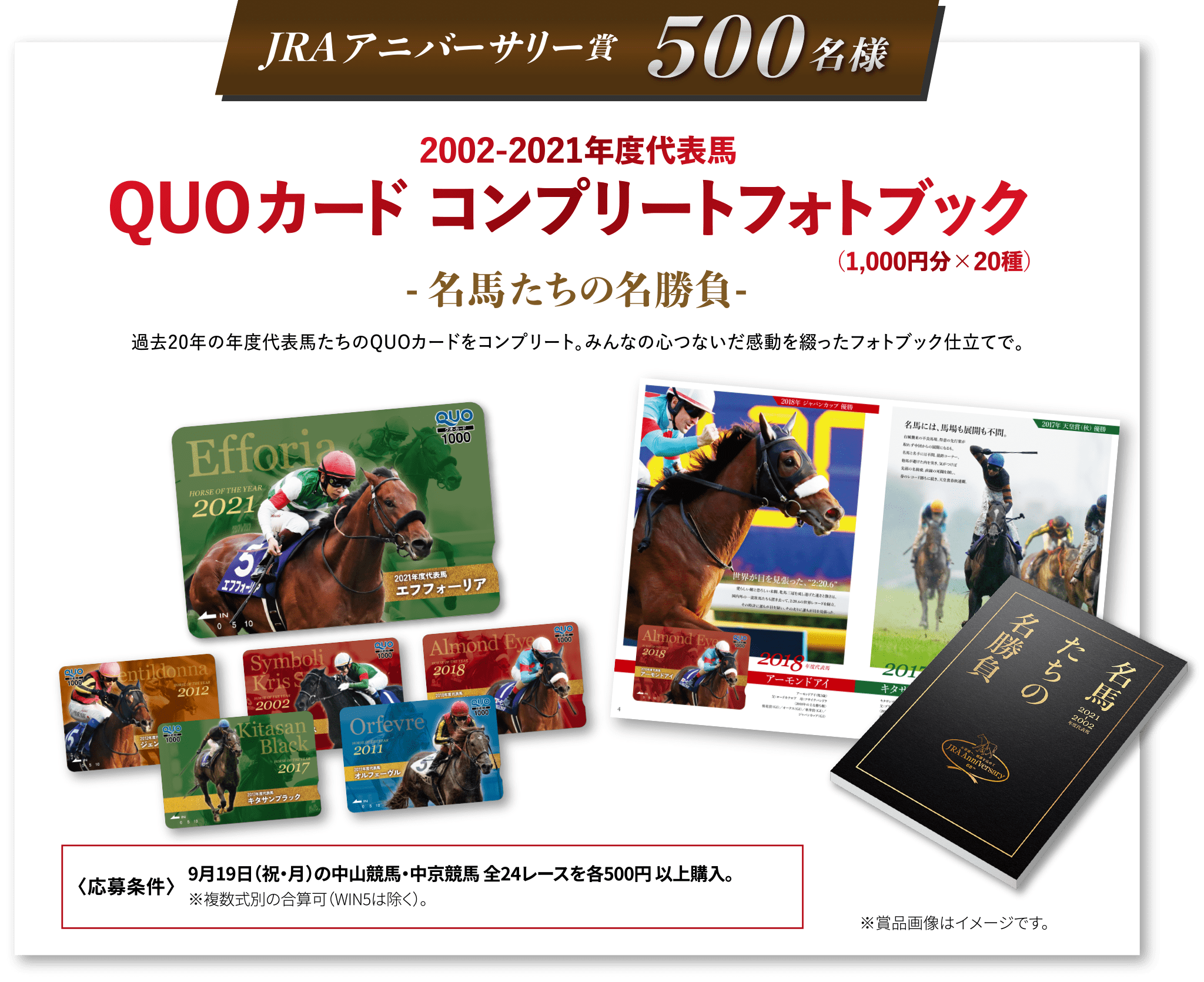 JRAアニバーサリー賞 500名様　2002-2021年度代表馬　QUOカードコンプリートフォトブック（1,000円分×20種）　-名馬たちの名勝負-　過去20年の年度代表馬たちのQUOカードをコンプリート。みんなの心つないだ感動を綴ったフォトブック仕立てで。