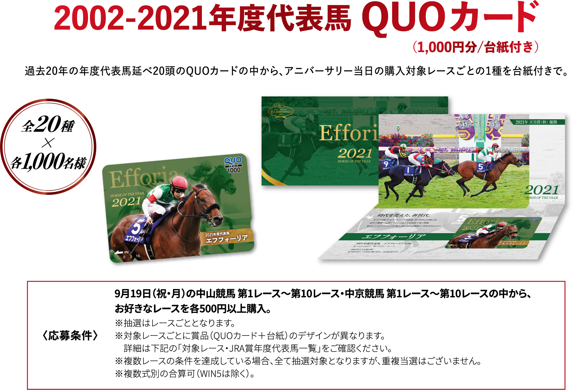 2002-2021年度代表馬 QUOカード（1,000円分/台紙付き） 過去20年の年度代表馬延べ20頭のQUOカードの中から、アニバーサリー当日の購入対象レースごとの１種を台紙付きで。