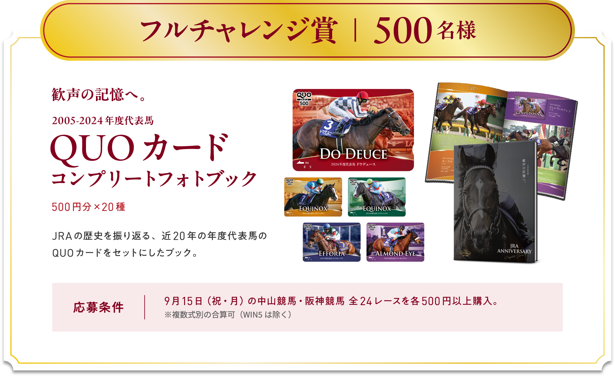 フルチャレンジ賞|500名様
歓声の記憶へ。
2005-2024年度代表馬
QUOカード
コンプリートフォトブック
500円分×20種
JRAの歴史を振り返る、近20年の年度代表馬の
QUOカードをセットにしたブック。
応募条件
9月15日(祝・月)の中山競馬・阪神競馬 全24レースを各500円以上購入。
※複数式別の合算可(WIN5は除く)
※賞品画像はイメージです。