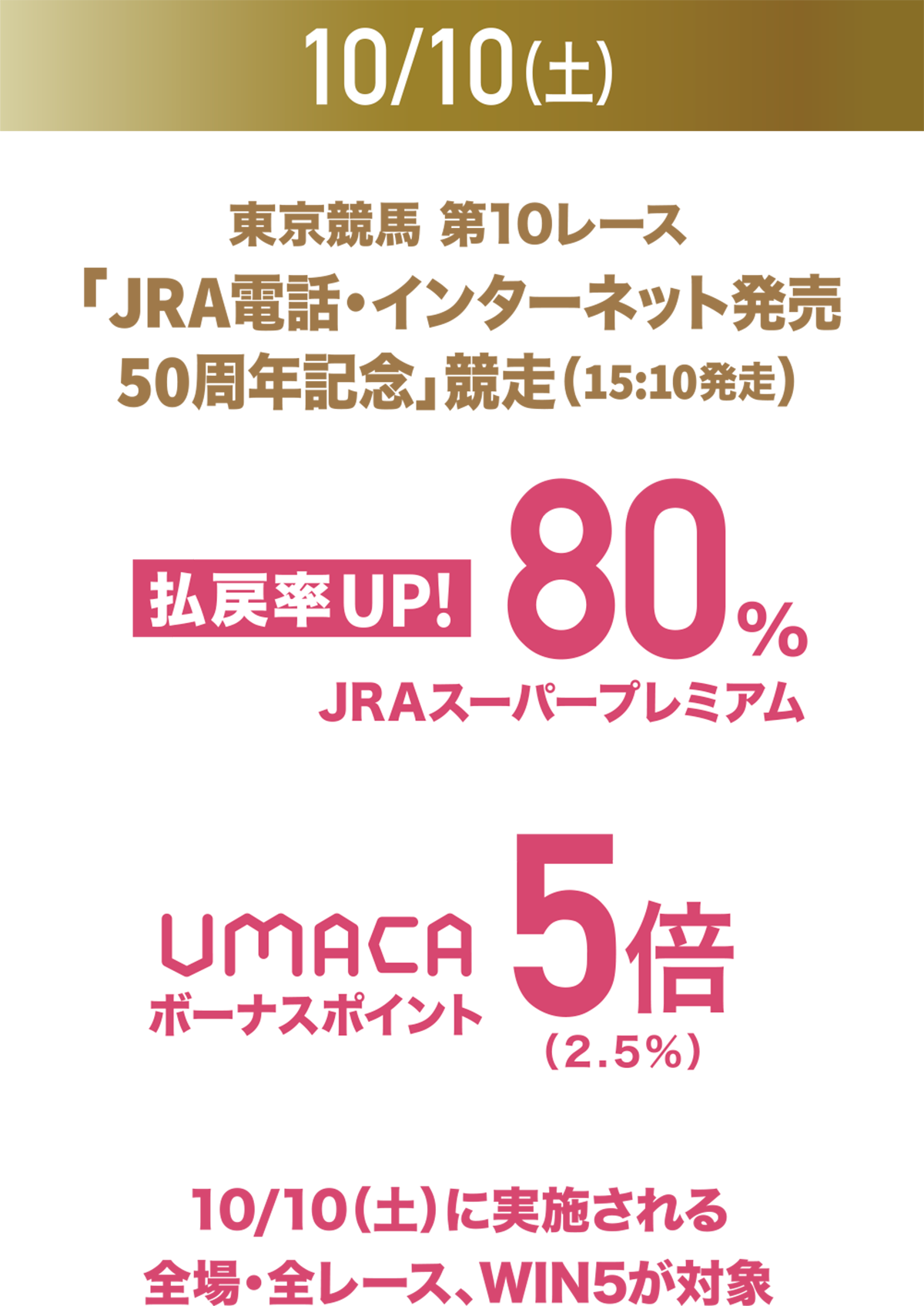 10月10日（土）、JRAスーパープレミアムにより払戻率80％、UMACAボーナスポイント5倍（2.5％）。全場・全レース、WIN5が対象。