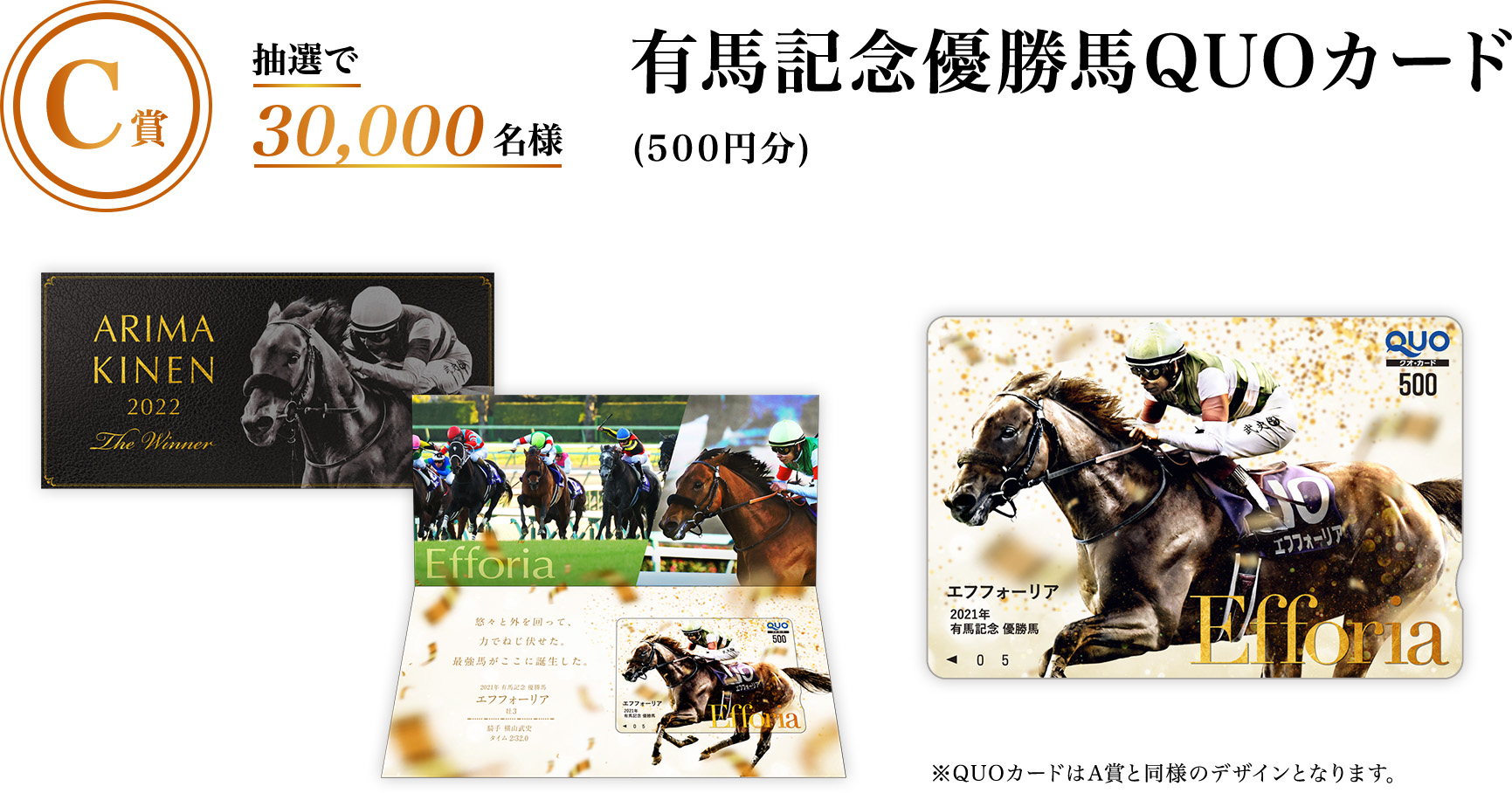 C賞 抽選で30,000名様　有馬記念優勝馬QUOカード（500円分）※QUOカードはA賞と同様のデザインとなります。