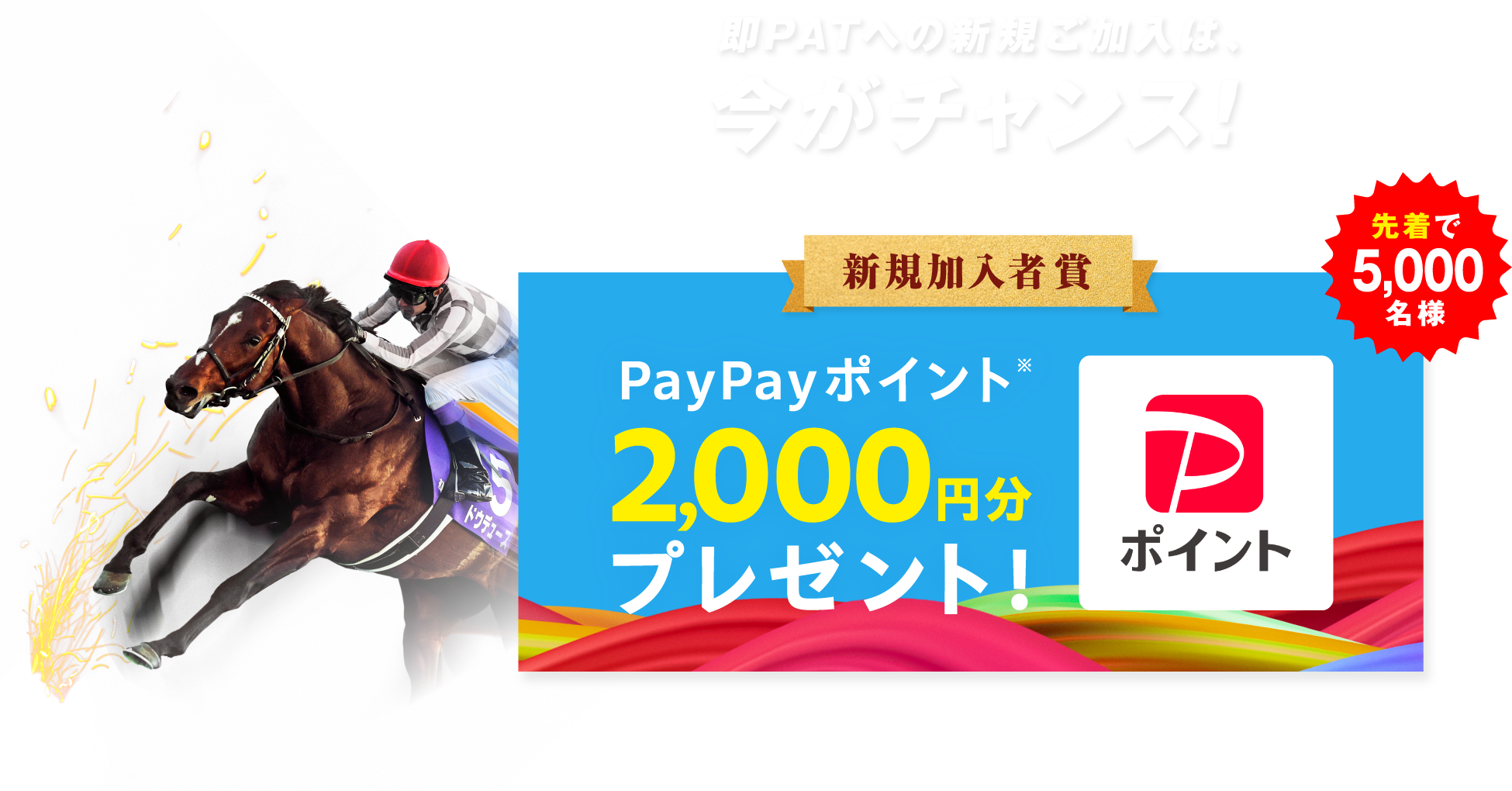即PATへの新規ご加入は、今がチャンス! 新規加入者賞 PayPayポイント※ 2,000円分プレゼント! 先着で5,000名様 ※当選された方には、1月下旬頃、Club JRA-Netでご登録いただいたメールアドレスに、PayPayポイントをお送りします。メール送信は一度限りとさせていただきます。※PayPayギフトカードで付与。出金・譲渡不可。