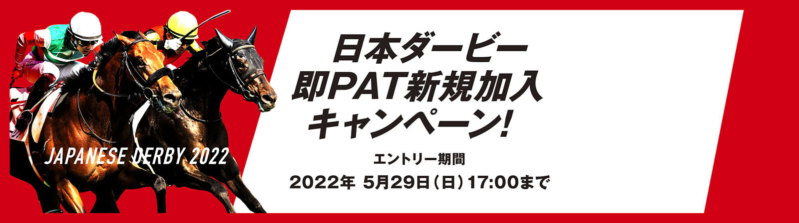 日本ダービー即PAT新規加入キャンペーン即PAT新規ご加入＆レースをネットで購入すると、先着5,000名様にQUOカード2,000円分が必ずもらえる！エントリー期間：２０２２年５月２９日(日)17：00まで