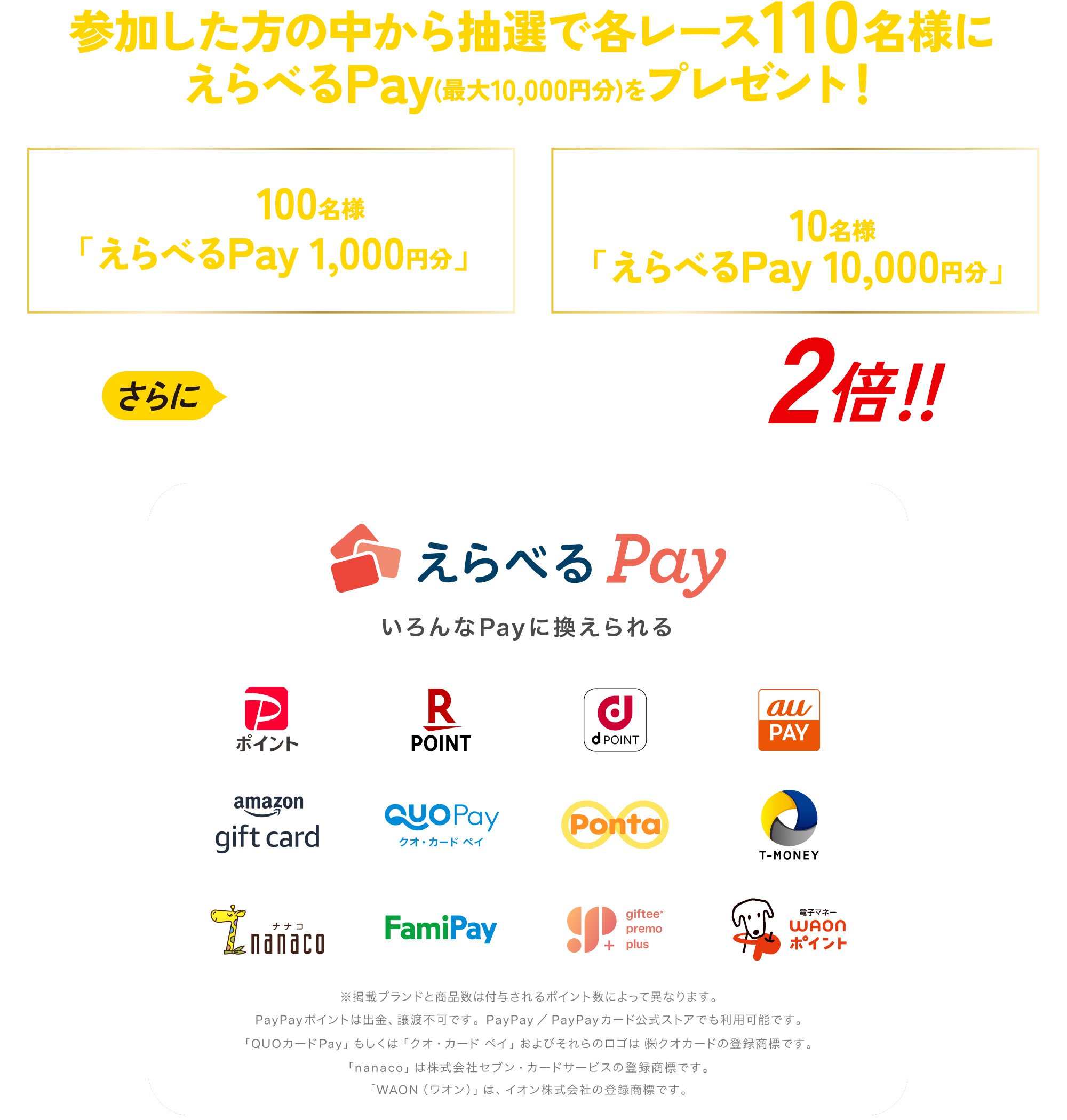 
Q̒璊IŊe[X110l
ׂPay(ő10,000~)v[gI
I100lɁuׂPay 1,000~v
ɁI
gF\z璊I10lɁuׂPay 10,000~v
ׂPay
PayɊ
