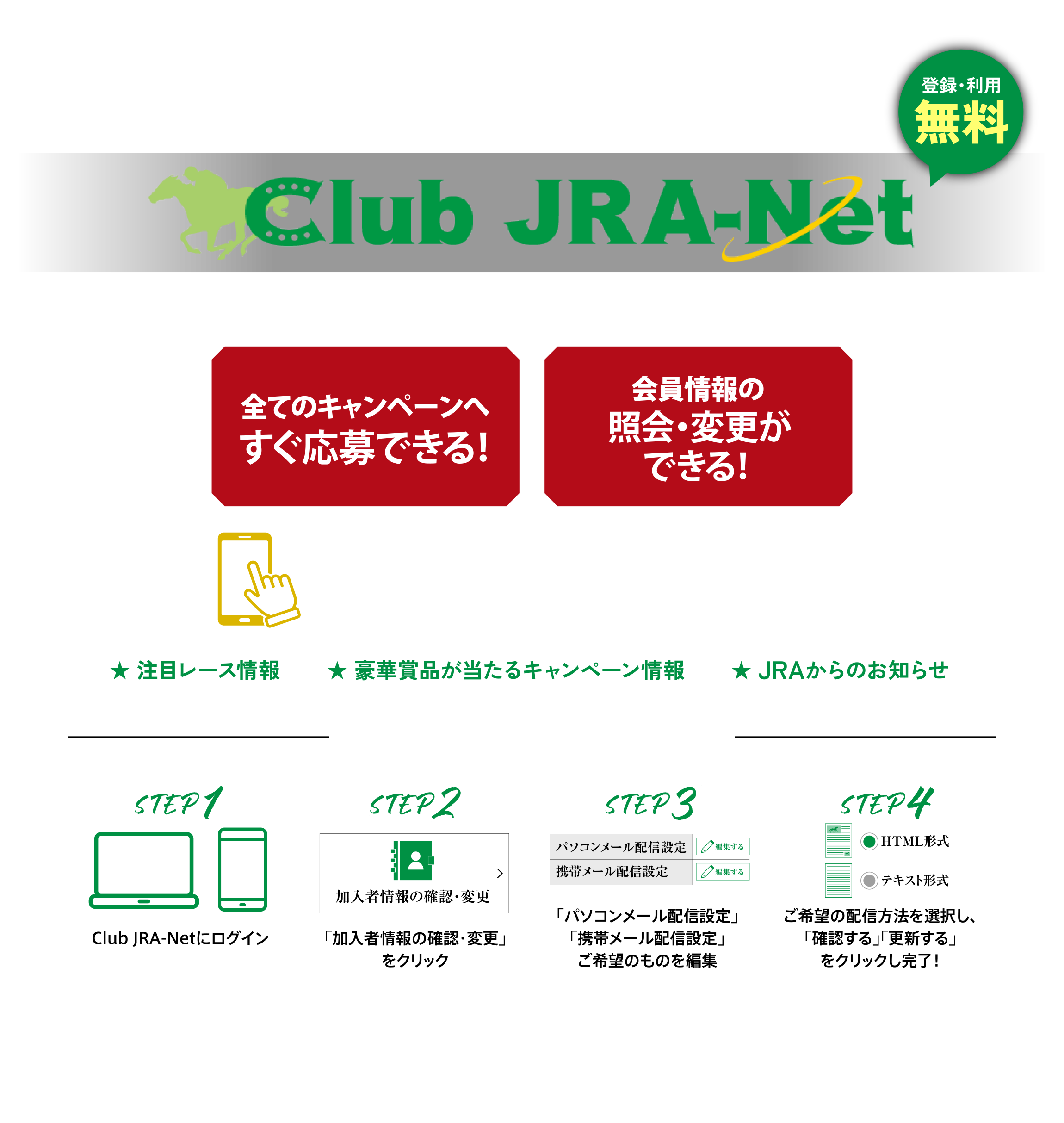
Club JRA-NetƂ
JRAdbEC^[lbg[p̓o^WebT[rXłB
o^Ep
JRAdbEC^[lbg[T|[g܂

SẴLy[ւłI
̏ƉEύXłI

Club JRA-NetʐM̂o^ōŐV͂I
ڃ[X
؏ܕiLy[
JRÂm点

}KuClub JRA-NetʐMvMݒ@
STEP 1
Club JRA-NetɃOC
STEP 2
ҏ̊mFEύX
uҏ̊mFEύXvNbN
STEP 3
up\R[zMݒv
ugу[zMݒv
]̂̂ҏW
STEP 4
]̔zM@IAumFvuXVvNbNI
