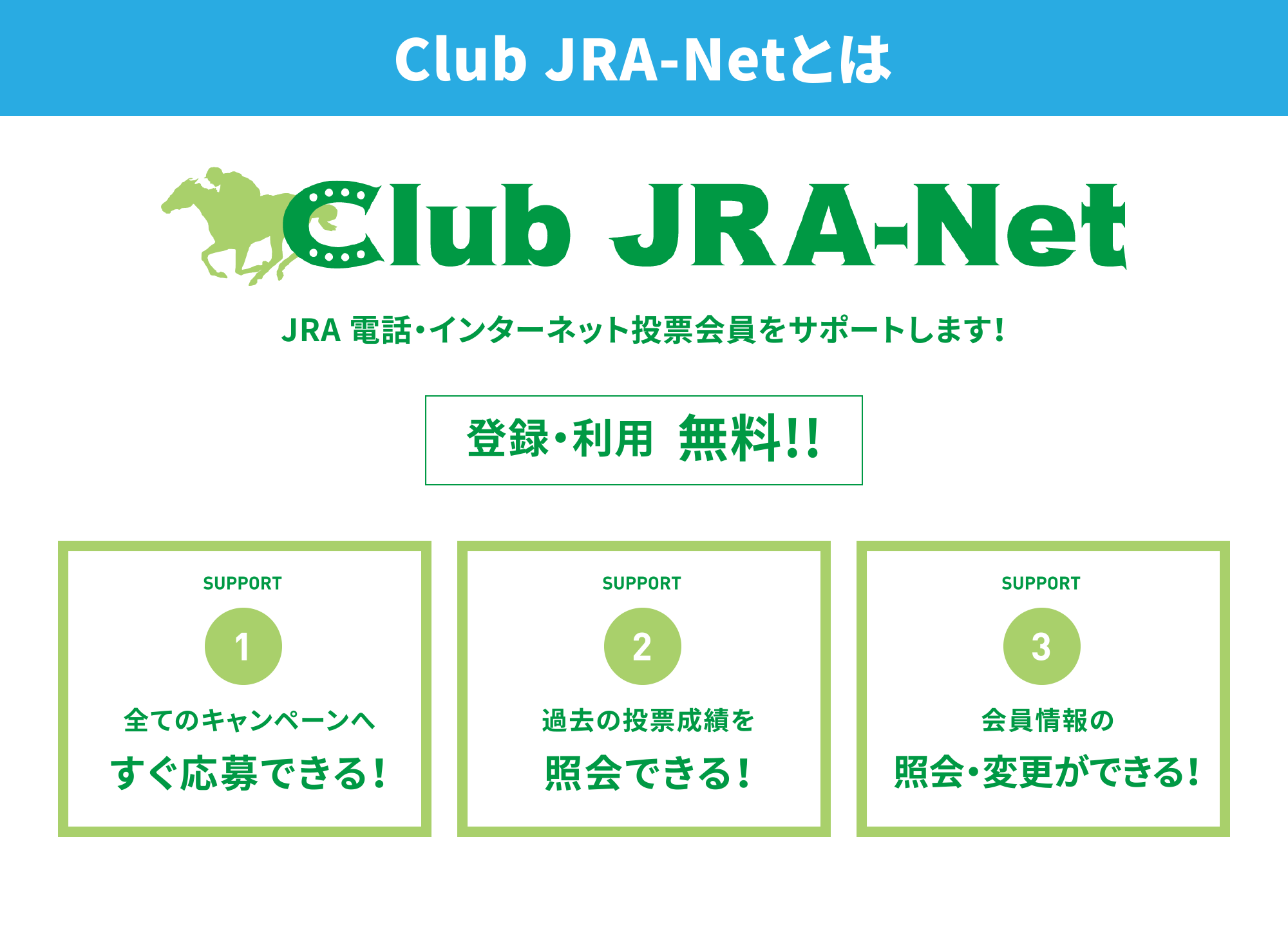 Club JRA-NetƂ
JRA dbEC^[lbg[T|[g܂Io^Ep  !!
SUPPORT1  SẴLy[ւłI
SUPPORT2  ߋ̓[тƉłI
SUPPORT3  ̏ƉEύXłI