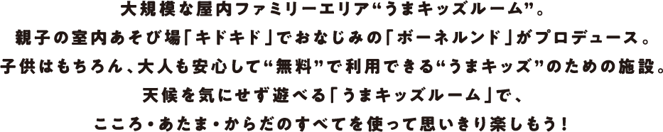 大規模な屋内ファミリーエリア“うまキッズルーム”。親子の室内あそび場「キドキド」でおなじみの「ボーネルンド」がプロデュース。子供はもちろん、大人も安心して“無料”で利用できる“うまキッズ”のための施設。天候を気にせず遊べる「うまキッズルーム」で、こころ・あたま・からだのすべてを使って思いきり楽しもう!