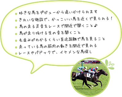 馬がカワイイ 7人 ・好きな馬をデビューから追いかけられます ・キレイな施設で、かっこいい馬を近くで見られる！ ・馬の走る足音をレースで間近で聞くこと　・馬が走り抜ける生の音を聞くこと ・毛並みがわかるくらい至近距離で馬を見ること ・走っている馬の筋肉の動きを間近で見れる ・レースやパドックで、イケメンな馬探し♡